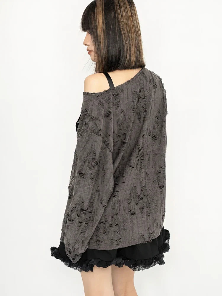 Y2K Grunge Distressed Top with printed graphic, Y2K long sleeve top styled with low rise bottoms