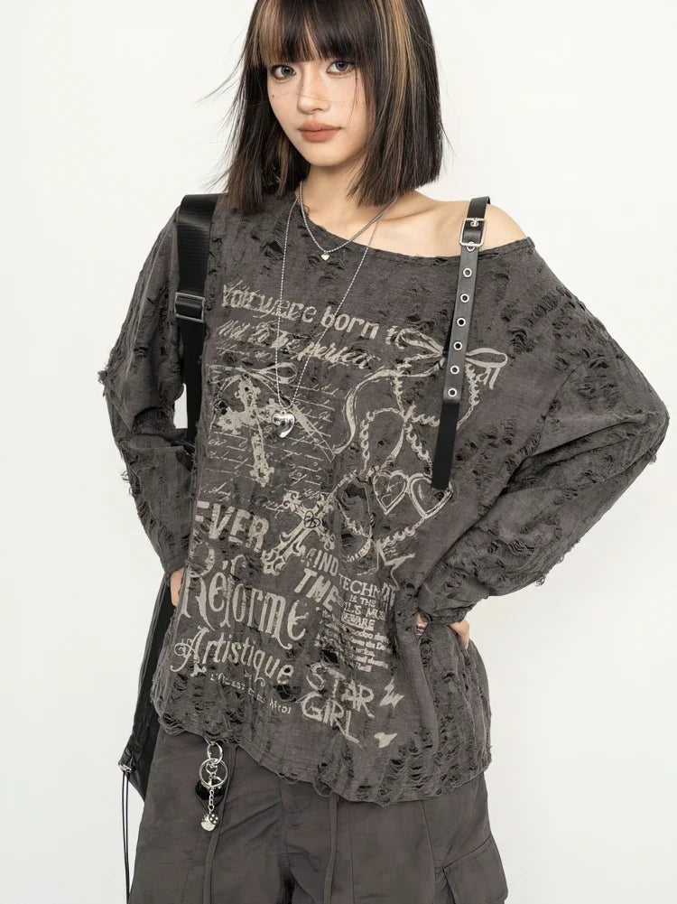 Y2K Grunge Distressed Top with printed graphic, Y2K long sleeve top styled with low rise bottoms
