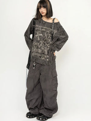 Y2K Grunge Distressed Top with printed graphic, Y2K long sleeve top styled with low rise bottoms