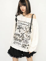 Y2K Grunge Distressed Top with printed graphic, Y2K long sleeve top styled with low rise bottoms