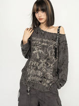 Y2K Grunge Distressed Top with printed graphic, Y2K long sleeve top styled with low rise bottoms