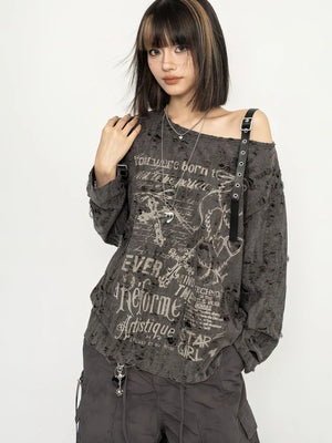 Y2K Grunge Distressed Top with printed graphic, Y2K long sleeve top styled with low rise bottoms