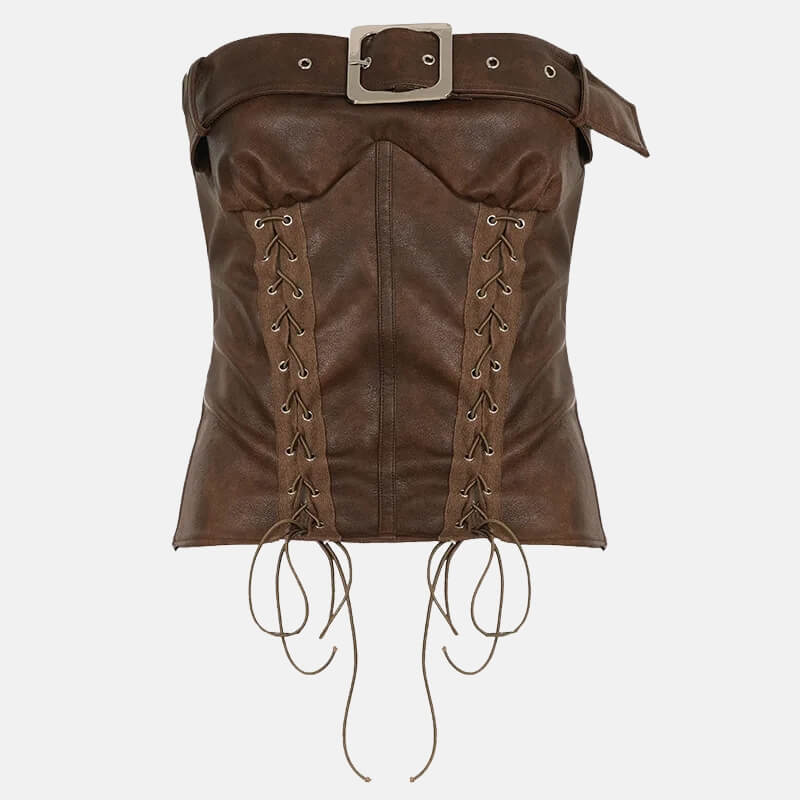 Y2K Grunge Faux Leather Corset Top with lace trim, Y2K corset styled with low rise bottoms