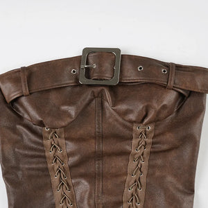 Y2K Grunge Faux Leather Corset Top with lace trim, Y2K corset styled with low rise bottoms
