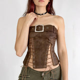 Y2K Grunge Faux Leather Corset Top with lace trim, Y2K corset styled with low rise bottoms