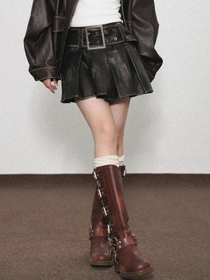 Y2K Grunge Faux Leather Skirt, Y2K mini skirt styled with a crop top