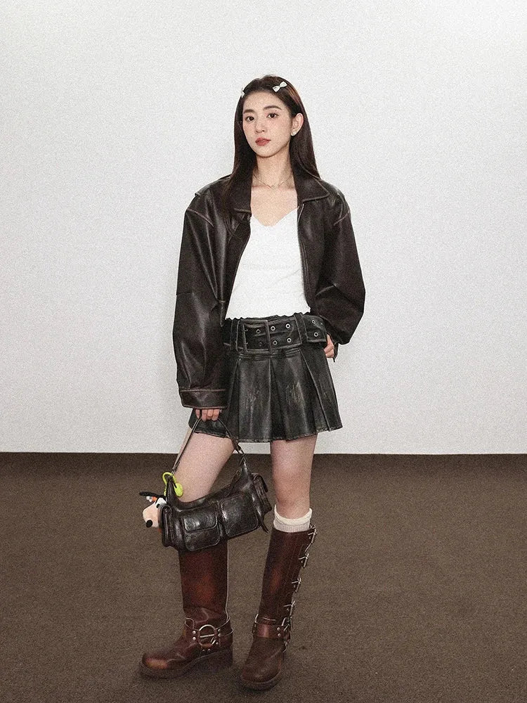 Y2K Grunge Faux Leather Skirt, Y2K mini skirt styled with a crop top