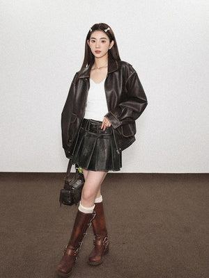 Y2K Grunge Faux Leather Skirt, Y2K mini skirt styled with a crop top