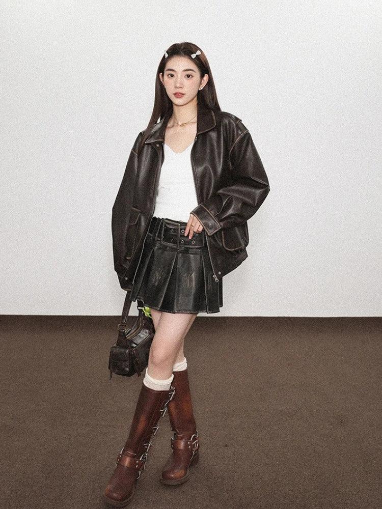 Y2K Grunge Faux Leather Skirt, Y2K mini skirt styled with a crop top