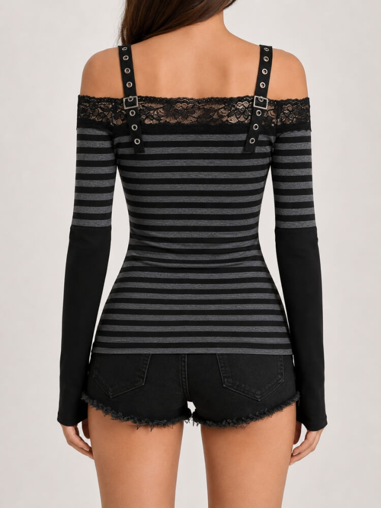 Y2K Grunge Lace Trim Striped Top with lace trim, Y2K tube top styled with low rise bottoms