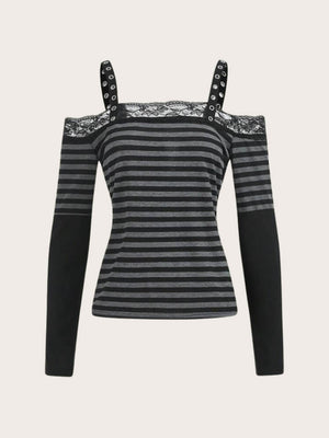 Y2K Grunge Lace Trim Striped Top with lace trim, Y2K tube top styled with low rise bottoms