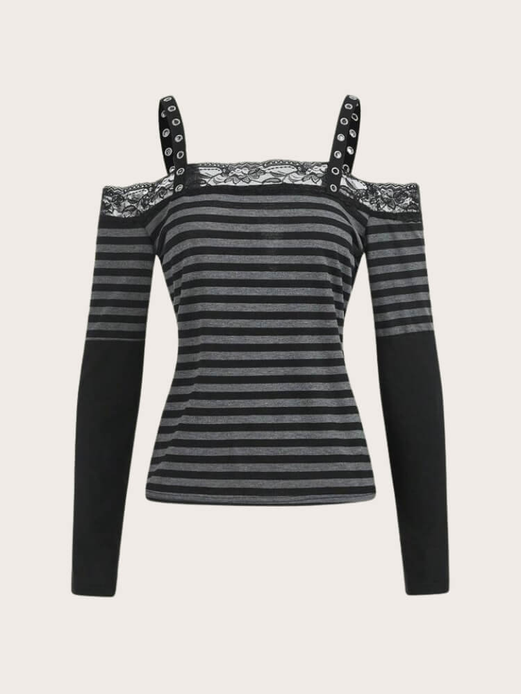 Y2K Grunge Lace Trim Striped Top with lace trim, Y2K tube top styled with low rise bottoms