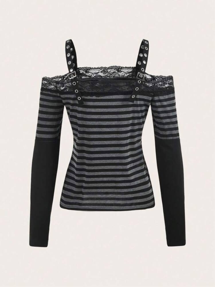 Y2K Grunge Lace Trim Striped Top | Aesthetic Tube Top – MAUVSTUDIO®
