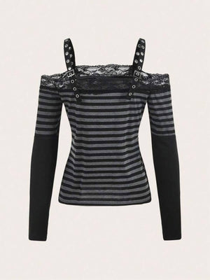Y2K Grunge Lace Trim Striped Top with lace trim, Y2K tube top styled with low rise bottoms