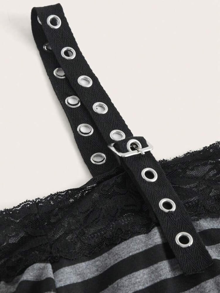 Y2K Grunge Lace Trim Striped Top with lace trim, Y2K tube top styled with low rise bottoms