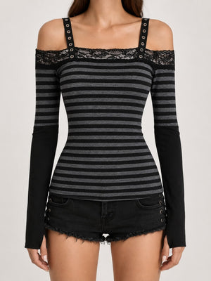 Y2K Grunge Lace Trim Striped Top with lace trim, Y2K tube top styled with low rise bottoms