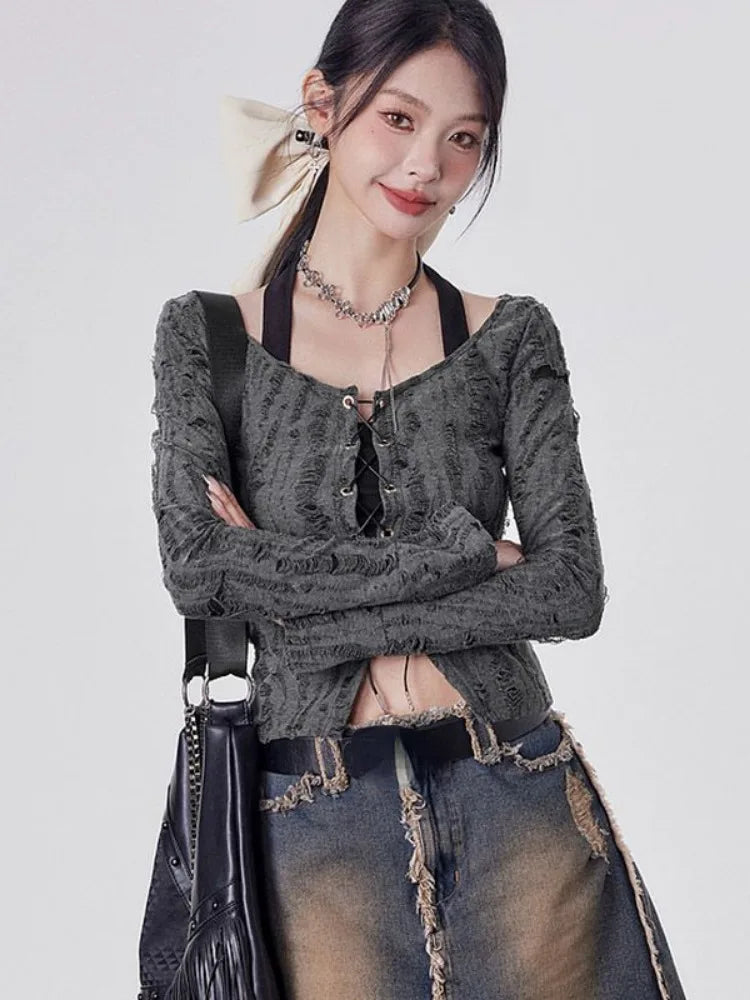 Y2K Grunge Lace Up Layered Top with lace trim, Y2K halter top styled with low rise bottoms