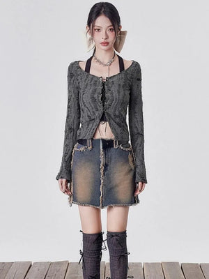 Y2K Grunge Lace Up Layered Top with lace trim, Y2K halter top styled with low rise bottoms