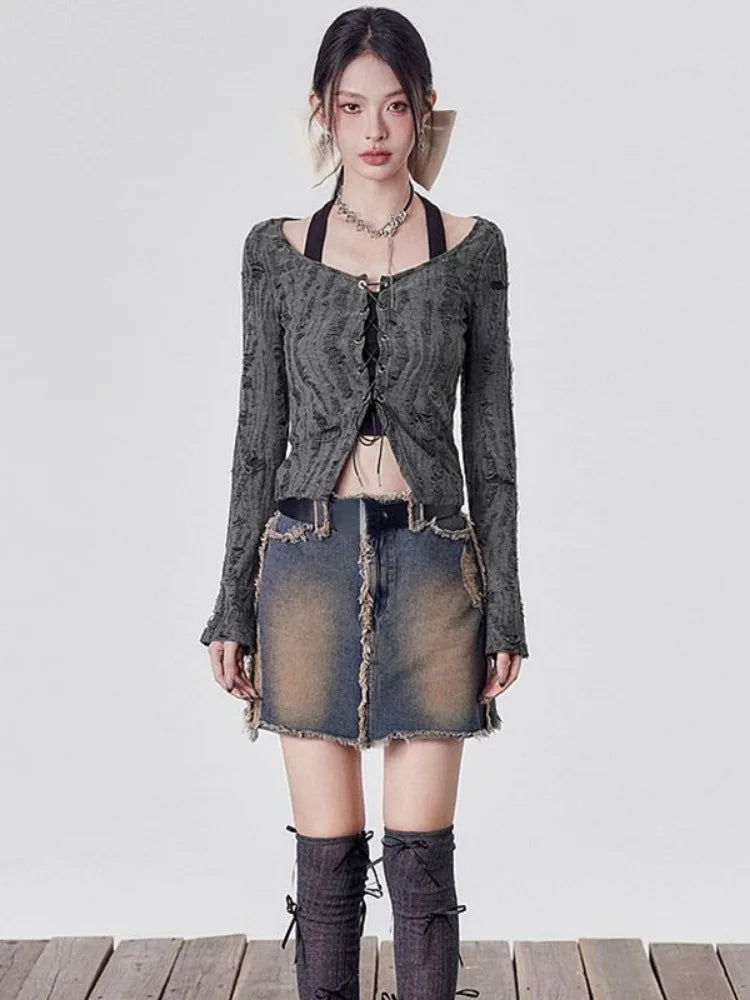 Y2K Grunge Lace Up Layered Top with lace trim, Y2K halter top styled with low rise bottoms