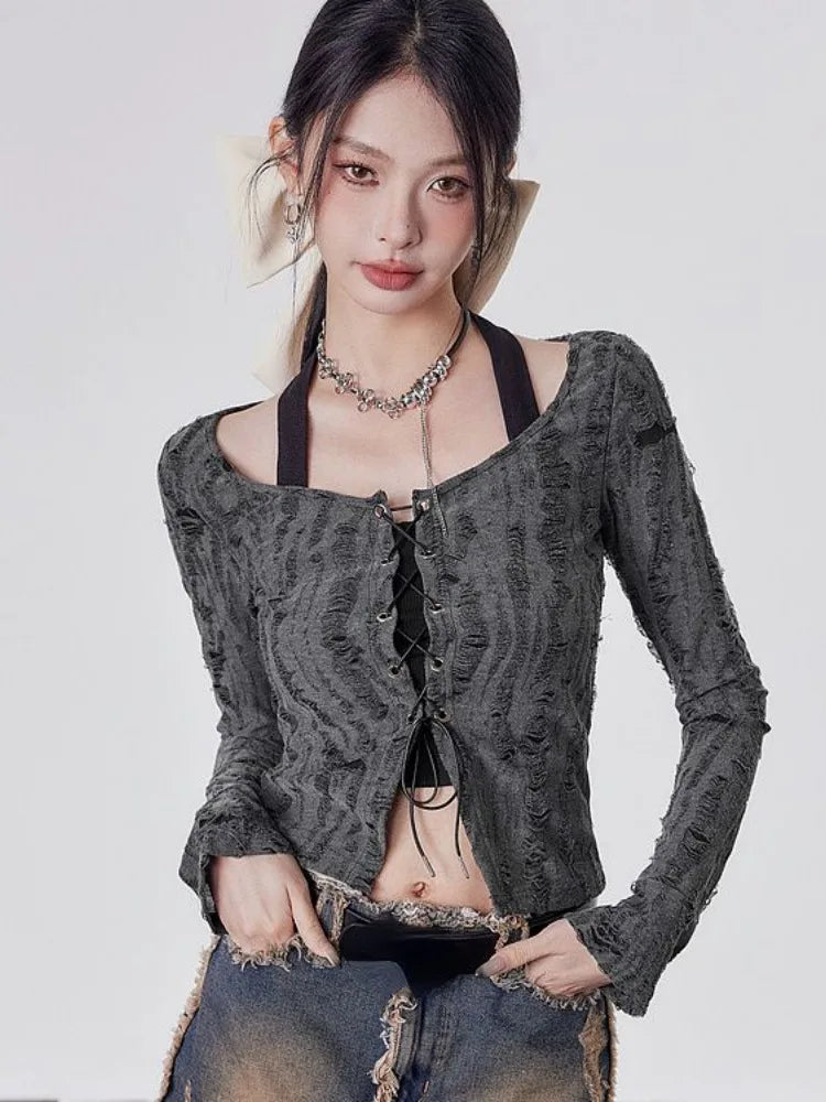 Y2K Grunge Lace Up Layered Top with lace trim, Y2K halter top styled with low rise bottoms