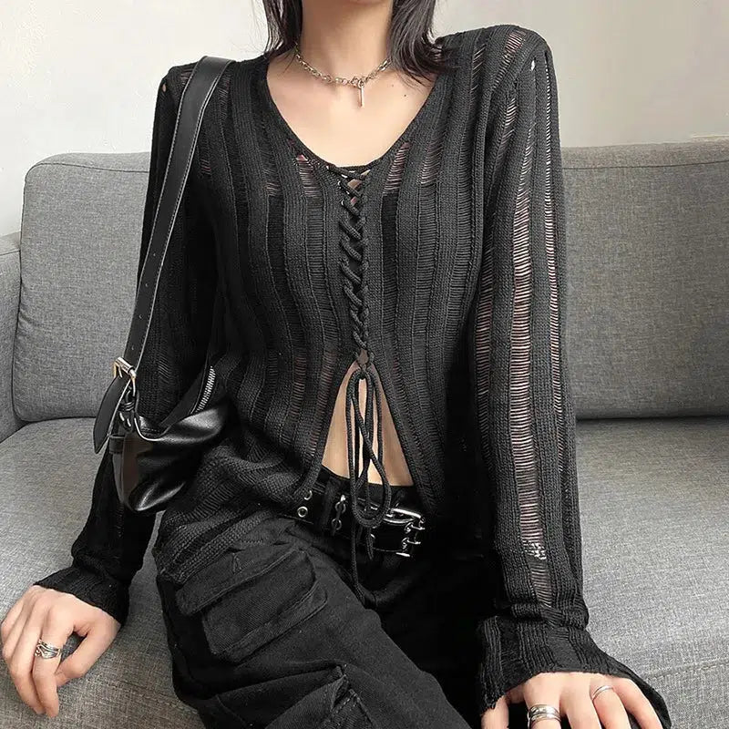 Y2K Grunge Sheer Lace Up Knitted Top-Mauv Studio
