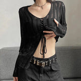 Y2K Grunge Sheer Lace Up Knitted Top-Black-S-Mauv Studio