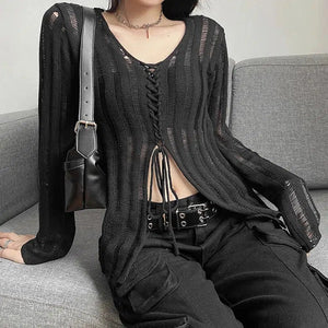 Y2K Grunge Sheer Lace Up Knitted Top-Mauv Studio