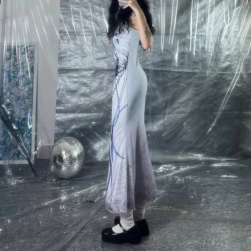 Y2K Grunge Skeleton Maxi Dress view 2 | MAUVSTUDIO®
