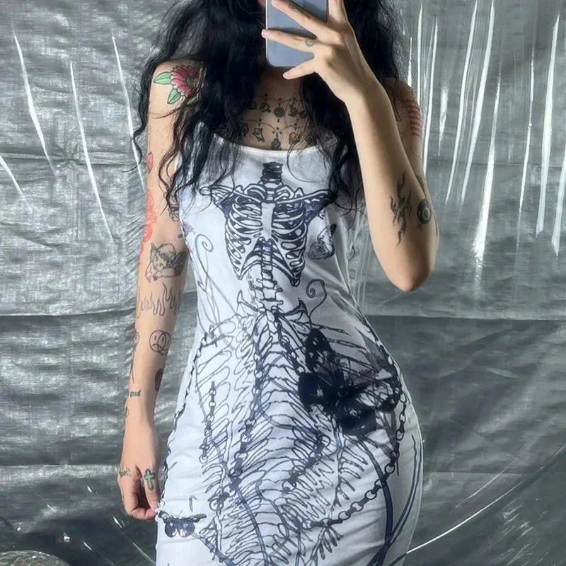 Y2K Grunge Skeleton Maxi Dress view 3 | MAUVSTUDIO®