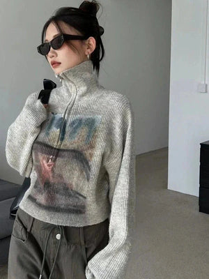 Y2K Half Zip-Up Knitted Sweater-Gray-S-Mauv Studio