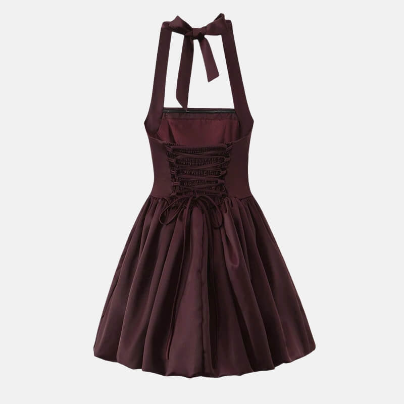 Y2K Halter Bubble Mini Dress Brown / M