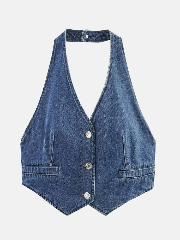 Y2K Halter Denim Top with tie detail, Y2K halter top styled with low rise bottoms