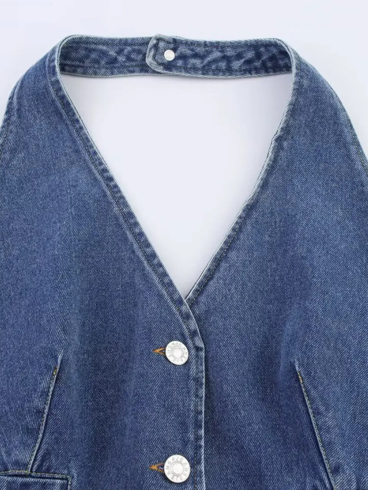 Y2K Halter Denim Top with tie detail, Y2K halter top styled with low rise bottoms