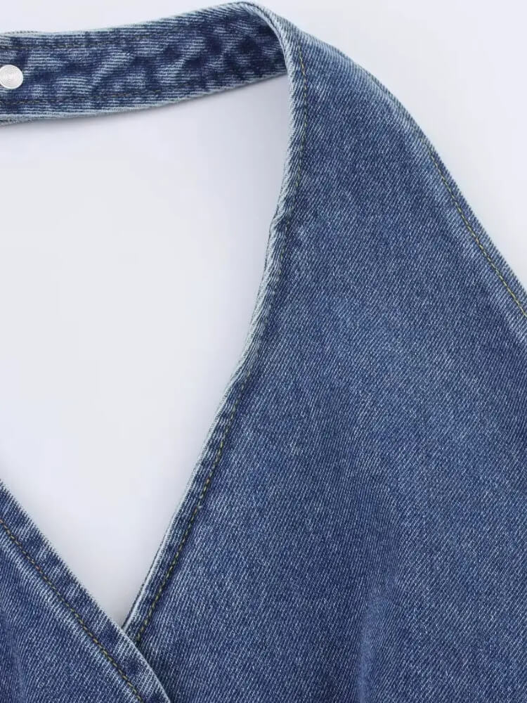 Y2K Halter Denim Top with tie detail, Y2K halter top styled with low rise bottoms