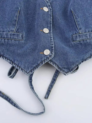 Y2K Halter Denim Top with tie detail, Y2K halter top styled with low rise bottoms