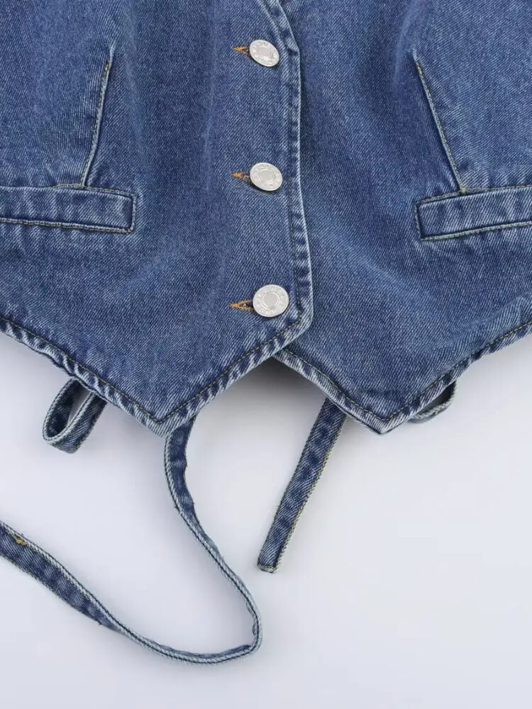 Y2K Halter Denim Top with tie detail, Y2K halter top styled with low rise bottoms