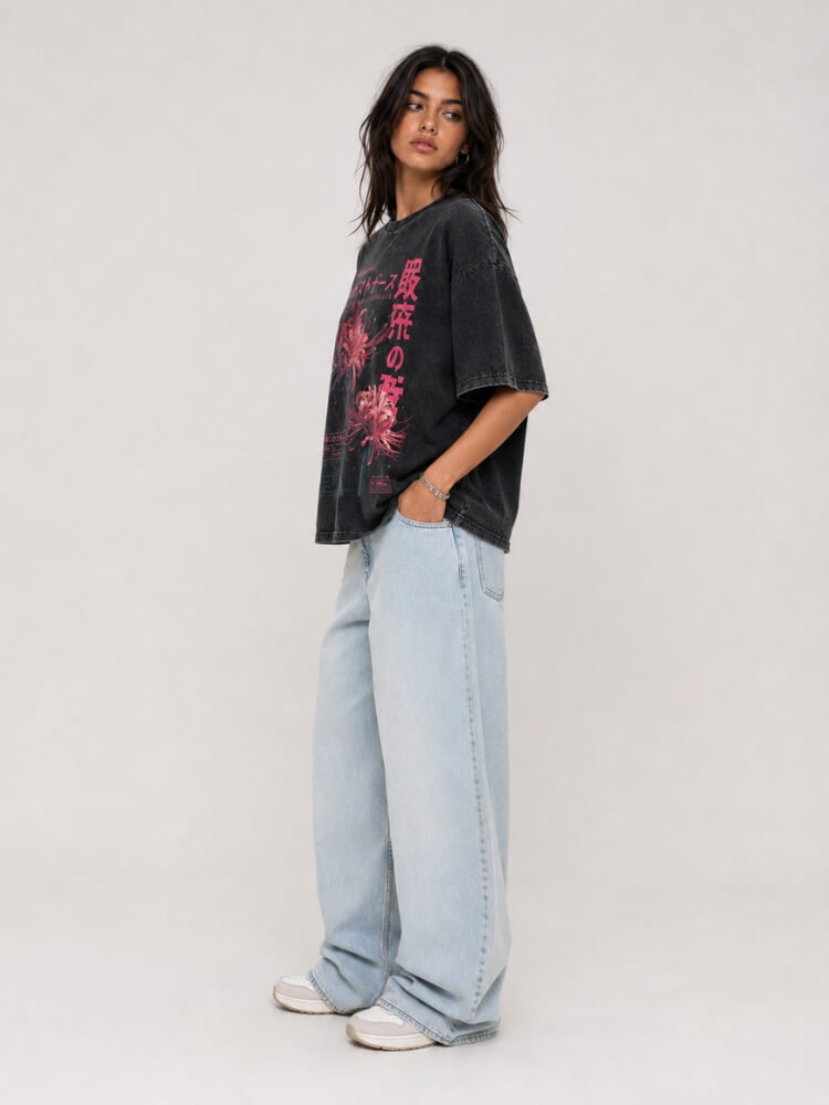 Y2K Japanese Graphic Tee with printed graphic, Y2K graphic tee styled with low rise bottoms