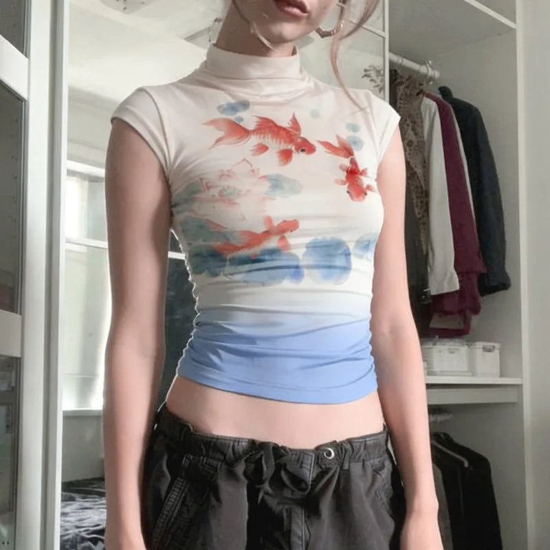 Y2K Koi Fish Top with sheer mesh, Y2K top styled with low rise bottoms