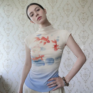 Y2K Koi Fish Top with sheer mesh, Y2K top styled with low rise bottoms