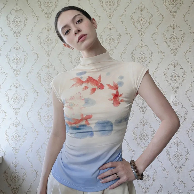 Y2K Koi Fish Top with sheer mesh, Y2K top styled with low rise bottoms