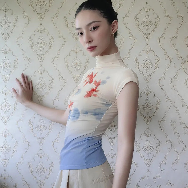 Y2K Koi Fish Top with sheer mesh, Y2K top styled with low rise bottoms