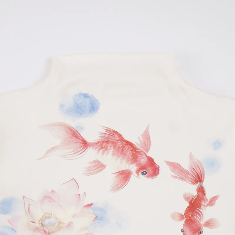 Y2K Koi Fish Top with sheer mesh, Y2K top styled with low rise bottoms