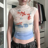 Y2K Koi Fish Top with sheer mesh, Y2K top styled with low rise bottoms