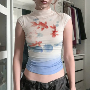 Y2K Koi Fish Top with sheer mesh, Y2K top styled with low rise bottoms