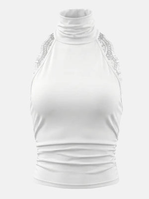 Y2K Lace Back Halter Top with lace trim, Y2K halter top styled with low rise bottoms