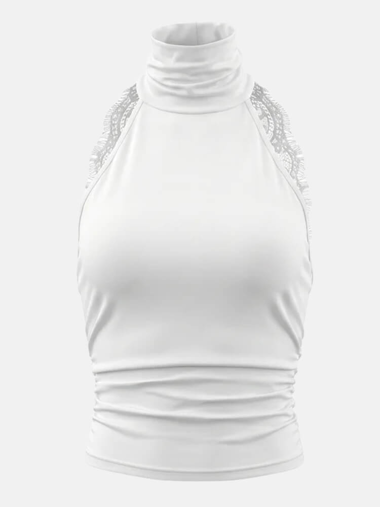 Y2K Lace Back Halter Top with lace trim, Y2K halter top styled with low rise bottoms
