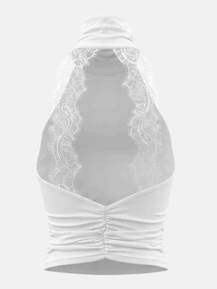 Y2K Lace Back Halter Top with lace trim, Y2K halter top styled with low rise bottoms