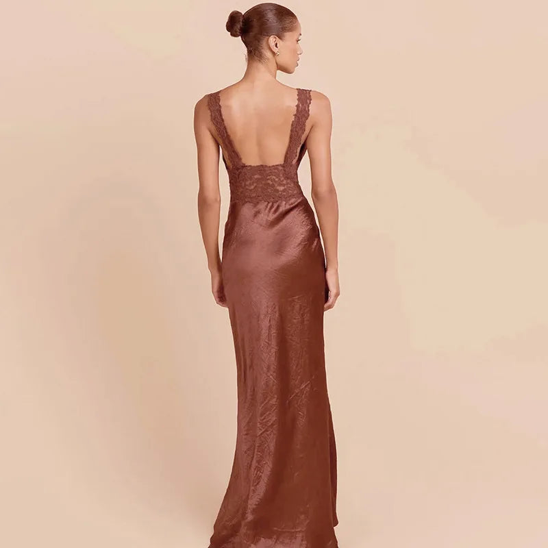 Y2K Lace Bust Satin Maxi Dress view 2 | MAUVSTUDIO®