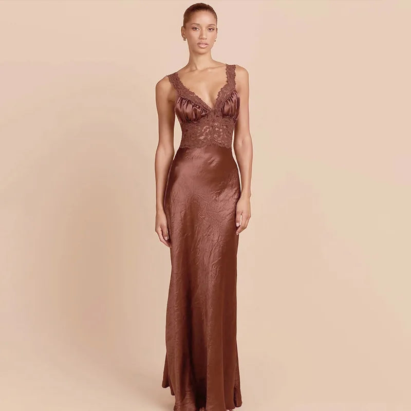 Y2K Lace Bust Satin Maxi Dress view 8 | MAUVSTUDIO®