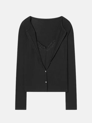 Y2K Lace Cardigan Top with lace trim, Y2K long sleeve top styled with low rise bottoms